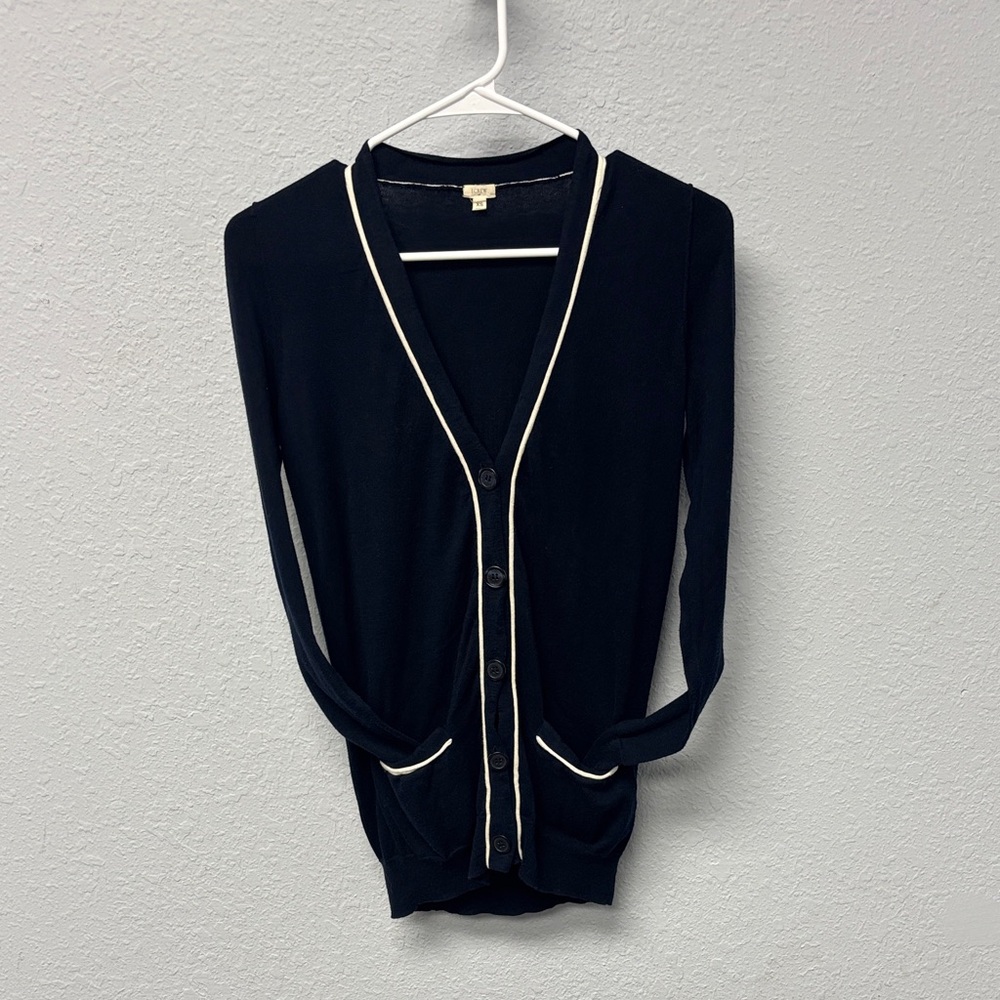 J. Crew Navy Blue W’s XS Cardigan with White Trim. 100% Cotton. Gently Used.